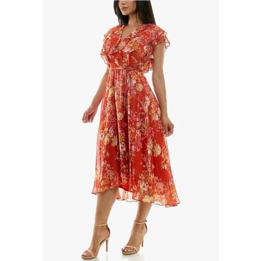 MAISON TARA Paprika/Gold Floral Chiffon Ruffled Bodice Tie Waist Midi Dress